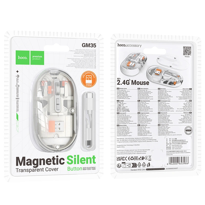 Bluetooth Ποντίκι Hoco GM35 General Wireless με 5  Πλήκτρα DPI 1600 Διάφανο Λευκό
