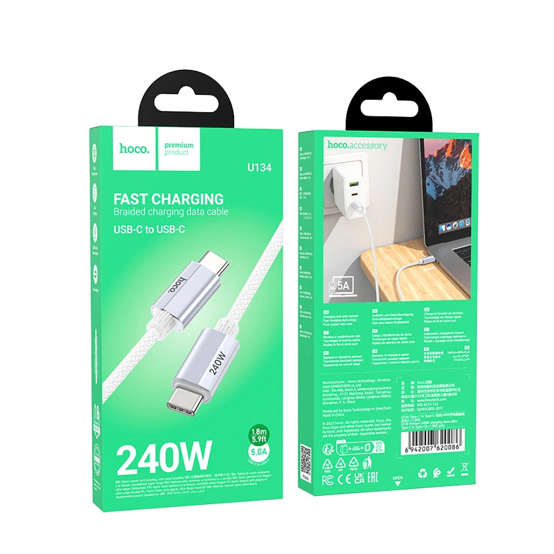 Καλώδιο Hoco U134 Primero USB-C σε USB-C 5.0A 240W Braided Γκρι 1.8m