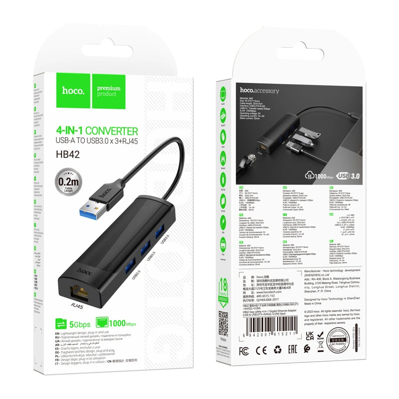 USB Hub Hoco HB42 USB σε 3 x USB 3.0 και RJ45  με Λειτουργία Μεταφοράς Δεδομένων 1000Mbps 0.2m Μαύρο
