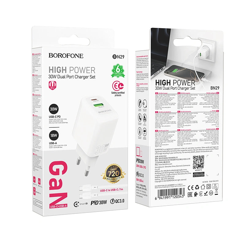 Φορτιστής Ταξιδίου Borofone BN29 Fuente GaN με 1xUSB-C PD30W και 1xUSB-A QC3.0A + Καλώδιο Φόρτισης USB-C σε USB-C Λευκός
