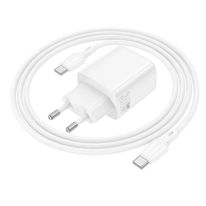 Φορτιστής Ταξιδίου Borofone BN29 Fuente GaN με 1xUSB-C PD30W και 1xUSB-A QC3.0A + Καλώδιο Φόρτισης USB-C σε USB-C Λευκός