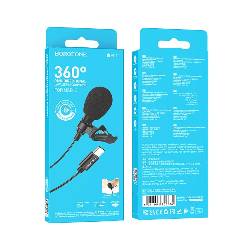 Μικρόφωνο Πέτου Borofone BFK11 Elegant Lavalier με USB-C Καλώδιο 2m