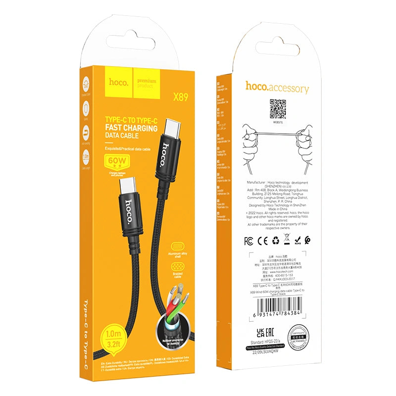 Καλώδιο Hoco X89 Wind USB-C σε USB-C 60W Braided Μαύρο 1m