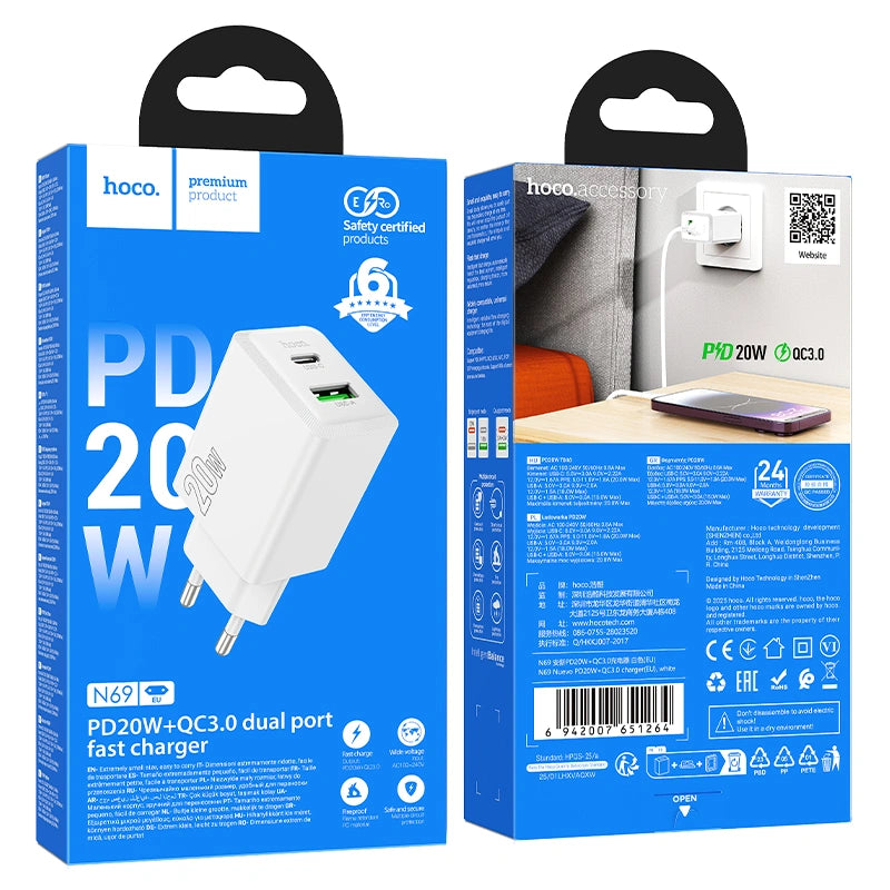 Φορτιστής Ταξιδίου Hoco N69 Nuevo PD20W 5V QC3.0A με 2 Εξόδους Φόρτισης 1xUSB-C και 1xUSB-A Λευκός