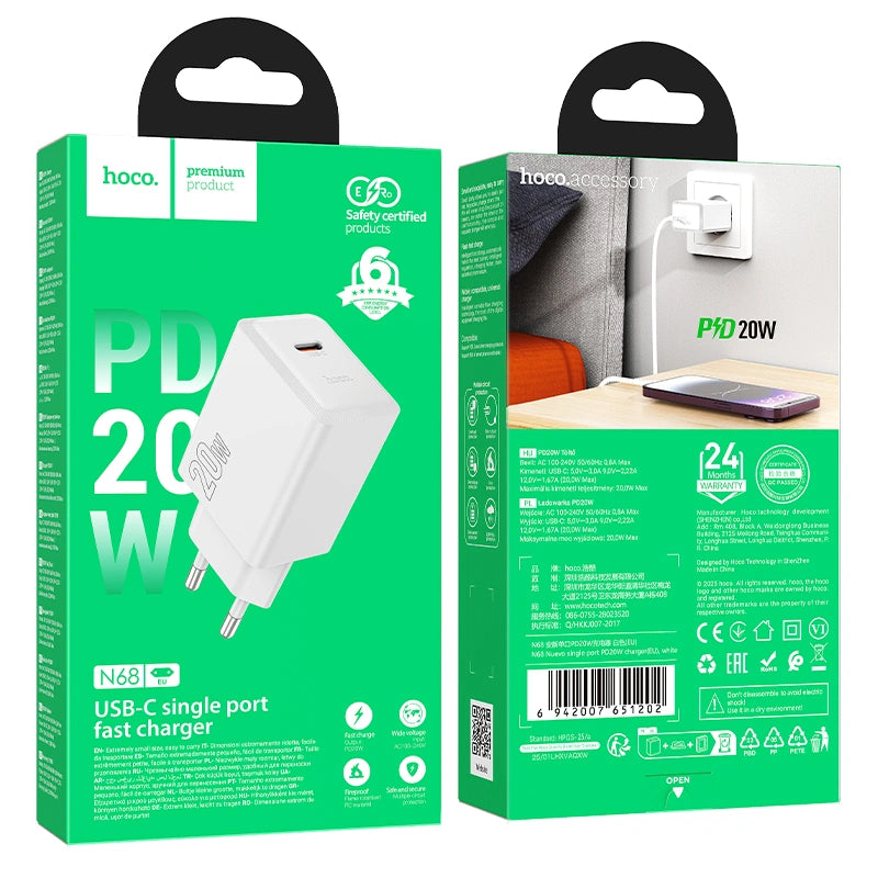Φορτιστής Ταξιδίου Hoco N68 Nuevo με 1 Εξόδο Φόρτισης USB-C PD20W 5V 3.0A  Λευκός