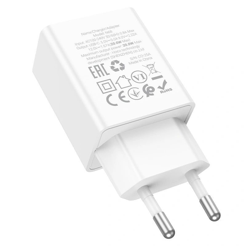 Φορτιστής Ταξιδίου Hoco N68 Nuevo με 1 Εξόδο Φόρτισης USB-C PD20W 5V 3.0A  Λευκός