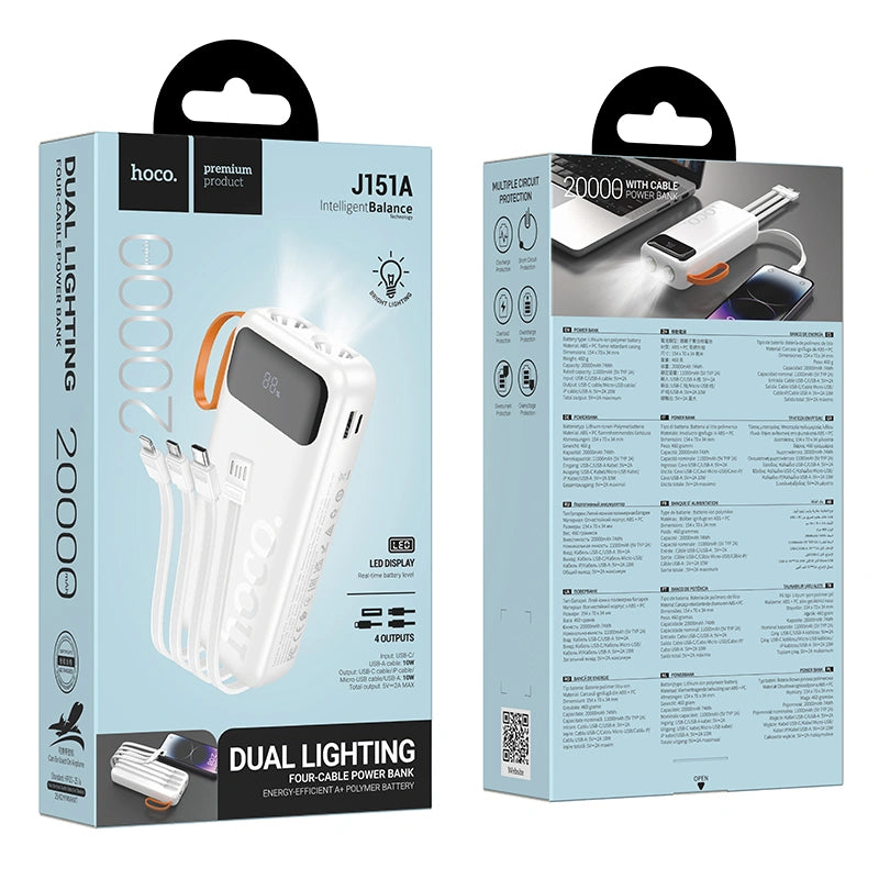 Power Bank Hoco  J151A Spirit 20000mAh με 4 Καλώδια Φόρτισης, Φακό και LED Ένδειξη Λευκό