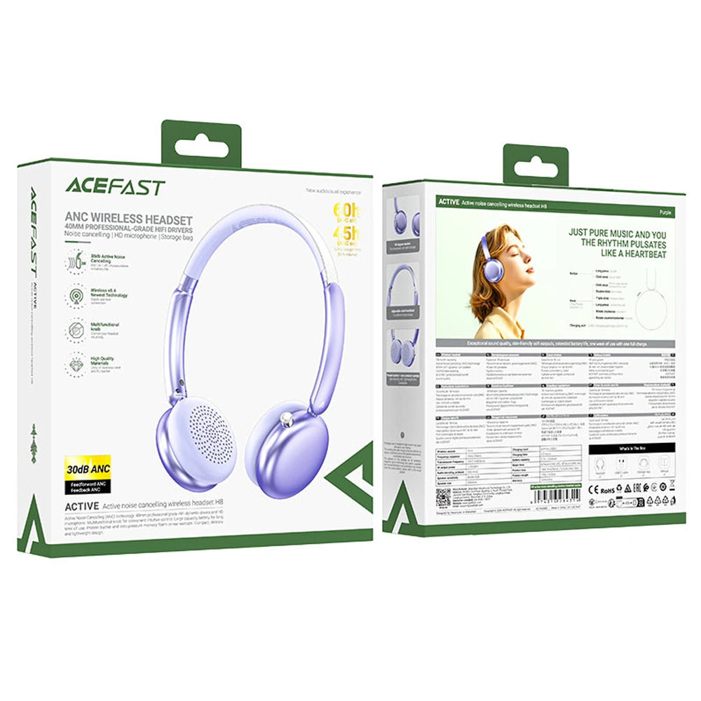 Wireless Ακουστικά Hi-Fi Stereo Acefast H8 500mAh v5.4 30db ANC Μωβ με HD Μικρόφωνο Memory Foam Μαξιλαράκια και Θήκη