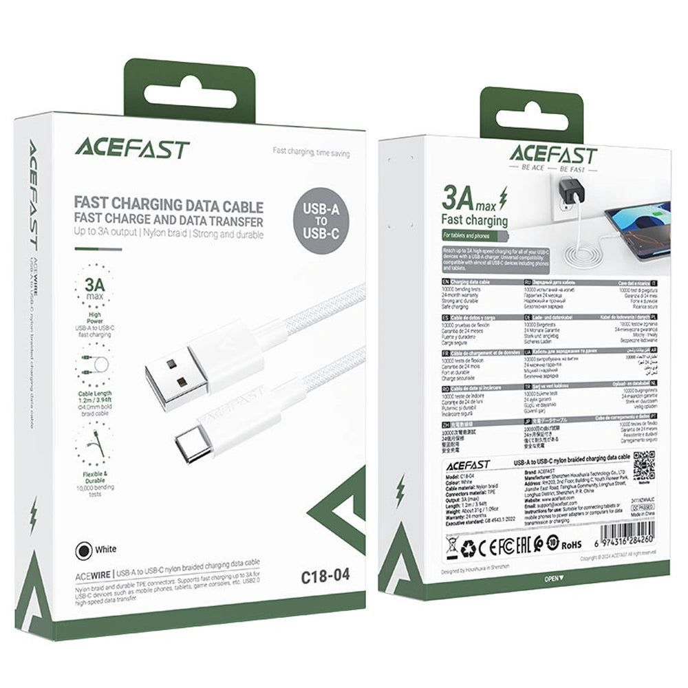 Καλώδιο Σύνδεσης Acefast C18-04 USB-A  σε USB-C 3A Fast Charge USB2.0 Braided Λευκό 1.2m.