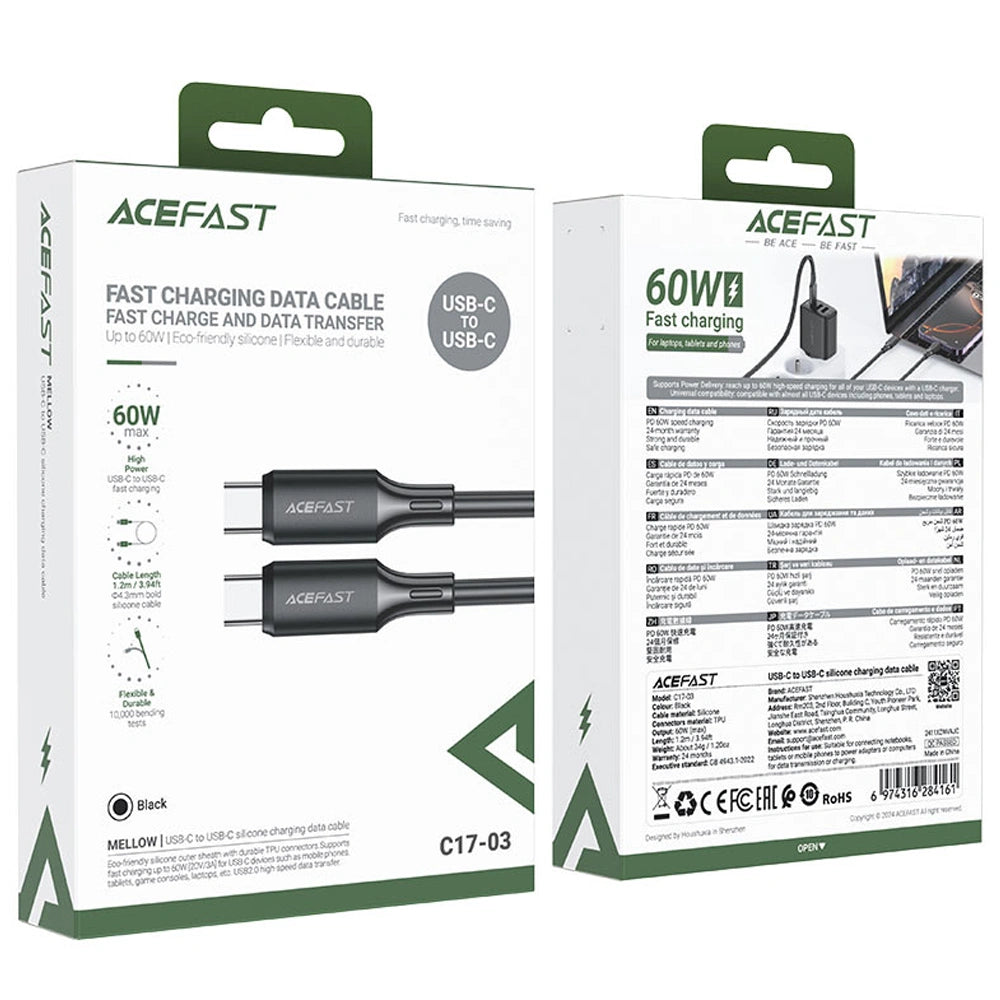 Καλώδιο Σύνδεσης Acefast C17-03 USB-C σε USB-C PD60W 3A Fast Charge USB2.0 Silicon Μαύρο 1.2m
