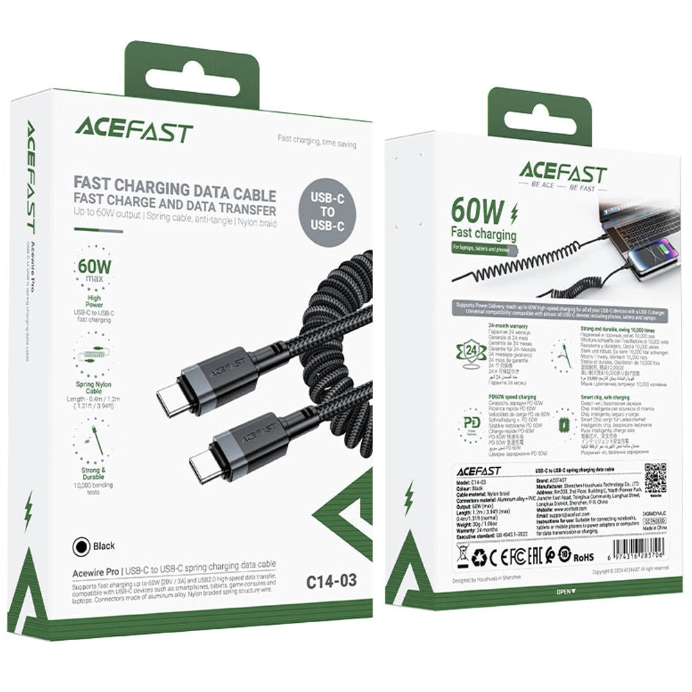 Καλώδιο Σύνδεσης Acefast C14-03 USB-C σε USB-C PD60W 3A Fast Charge USB2.0 Spring Braided Μαύρο 1.2m