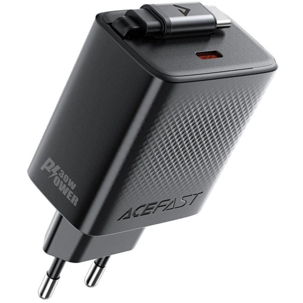 Φορτιστής Ταξιδίου Acefast A110 Fast Charging USB-C PD30W QC3.0 GaN και Αναδιπλούμενο Καλώδιο USB-C 0.64m Μαύρος