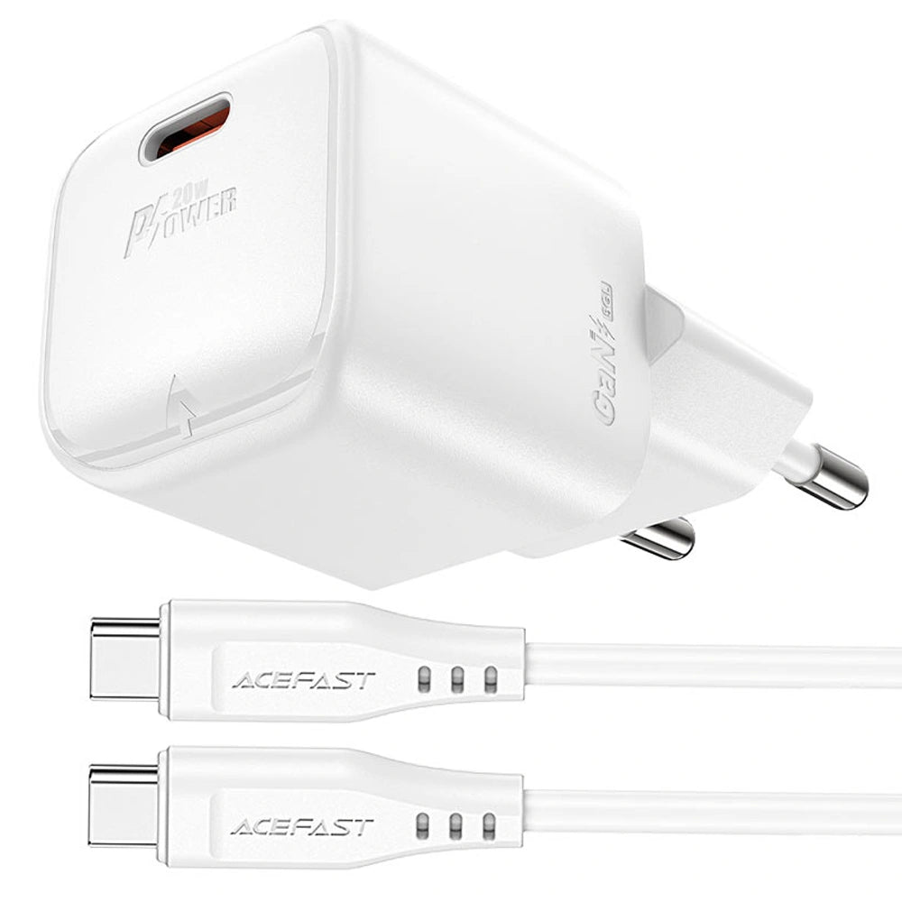 Φορτιστής Ταξιδίου Acefast A73 Mini Fast Charging 1xUSB-C PD20W QC3.0 GaN Λευκός + Καλώδιο USB-C σε USB-C