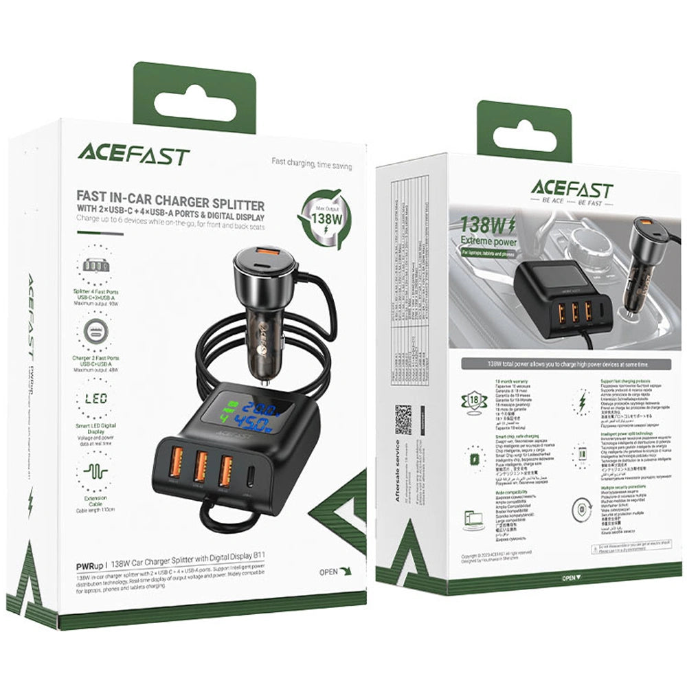Φορτιστής Αυτοκινήτου Acefast B11 138W με 4xUSB-A 2xUSB-C με Hub Splitter με Καλώδιο 1.10m και LED Ένδειξη Μαύρος