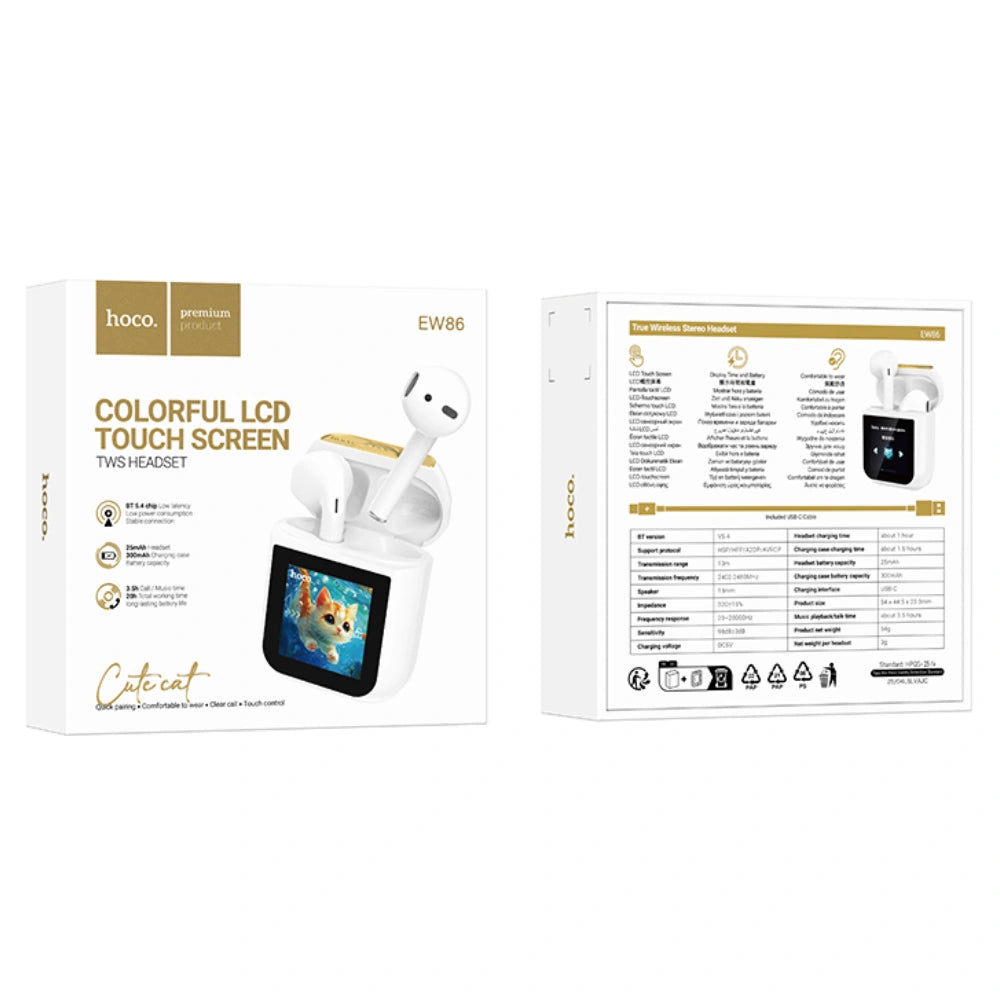 Wireless Hands Free Hoco EW86 Cat v5.4 300mAh 3.5 Ώρες Ομιλίας Σύστημα Εύρεσης Ακουστικού και Οθόνη Αφής Λευκά