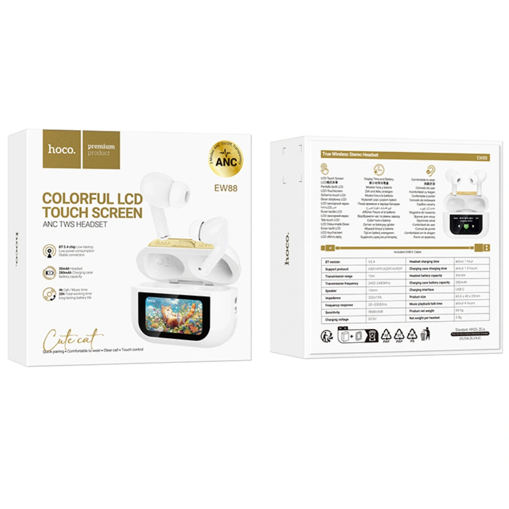 Wireless Hands Free Hoco EW88 Rampino ANC v5.4 280mAh 4 Ώρες Ομιλίας Σύστημα Εύρεσης Ακουστικού και Οθόνη Αφής Λευκά