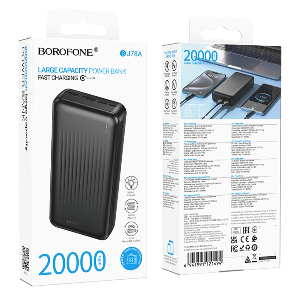 Power Bank Borofone BJ78A 20000mAh 5V/2A με 4 Θύρες 1xUSB-C 2xUSB-A 1xMicroUSB και LED Ένδειξη Μπαταρίας Μαύρο