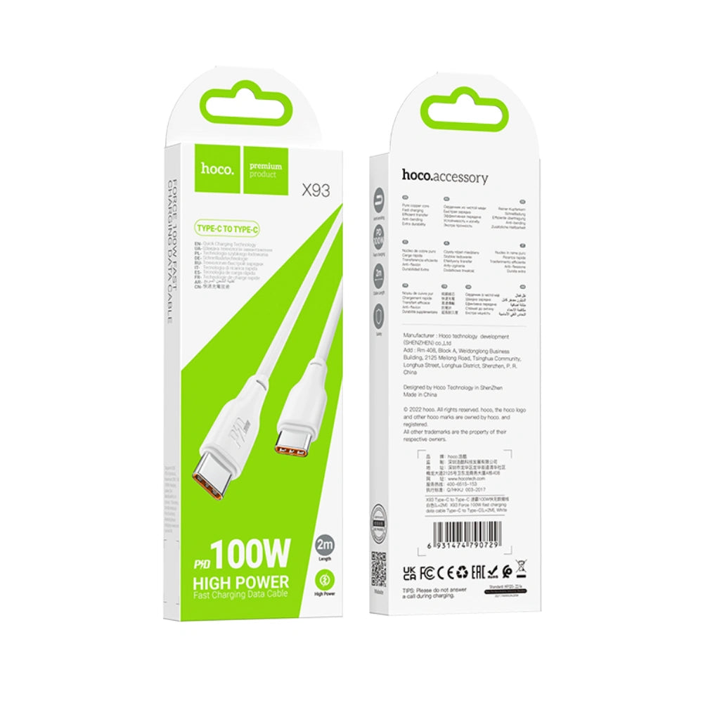 Καλώδιο Hoco X93 Force USB-C σε USB-C PD100W 3A για Γρήγορη Φόρτιση Λευκο 2m