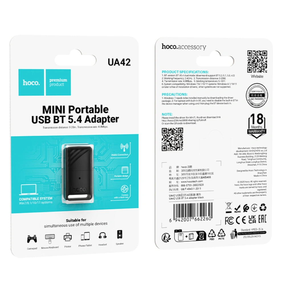 Αντάπτορας Wireless Hoco UA42 USB Bluetooth v5.4 Μαύρο
