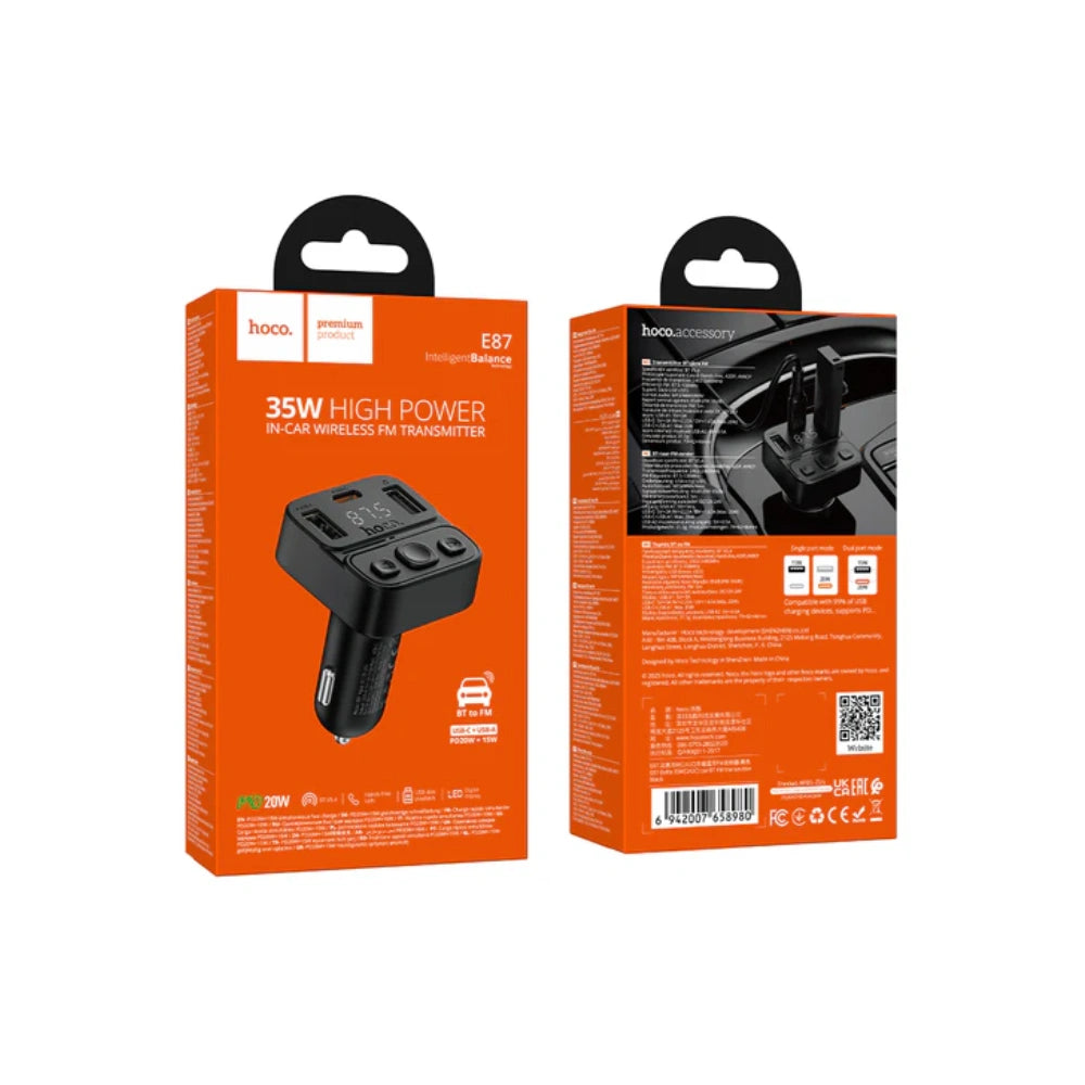 Bluetooth FM Transmitter Hoco E87 Delta 35W με 2xUSB-A και 1xUSB-C PD20W BT5.4 Υποστηρίζει Αναπαραγωγή Μουσικής απο USB και Απάντηση Κλήσεων