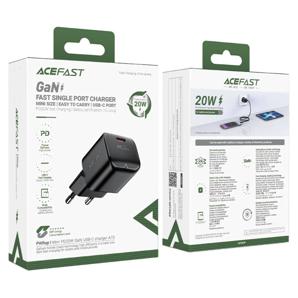 Φορτιστής Ταξιδίου Acefast A73 Mini Fast Charging 1xUSB-C PD20W QC3.0 GaN Μαύρος
