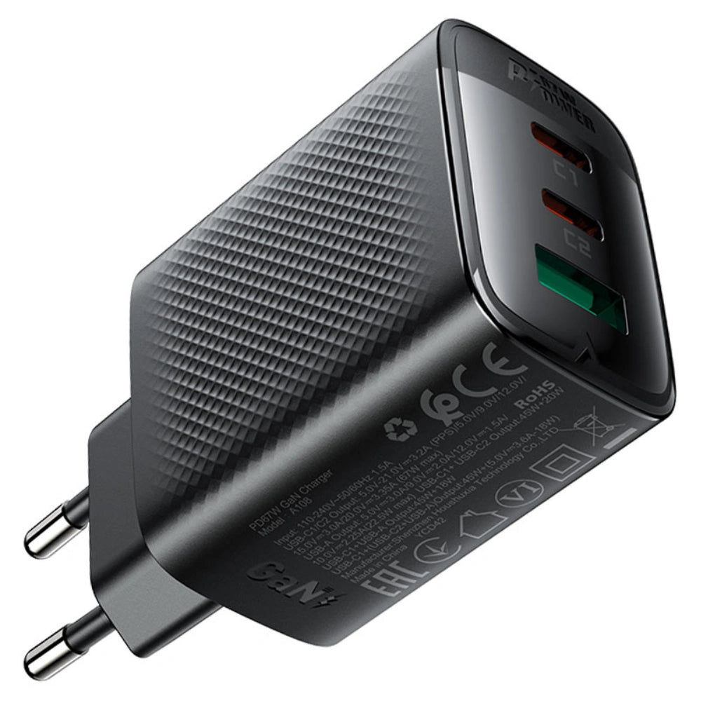 Φορτιστής Ταξιδίου Acefast A108 Fast Charging με 2xUSB-C + 1xUSB-A PD67W GaN Μαύρος