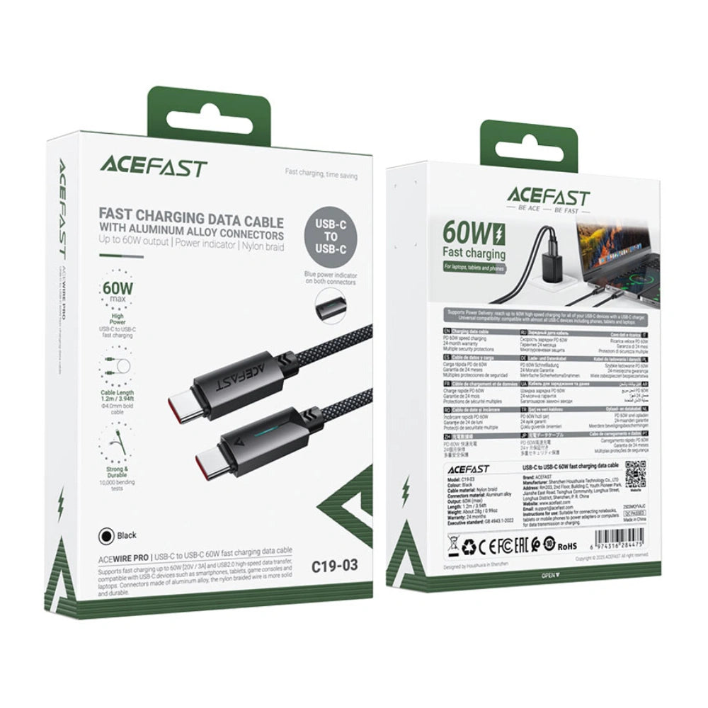 Καλώδιο Acefast C19-03  Μεταλλικό USB-C σε USB-C 60W 3.0A Γρήγορη Φόρτιση USB2.0 με Ένδειξη Φόρτισης Braided Μαύρο 1.2m