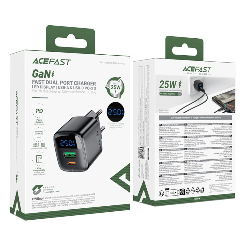 Φορτιστής Ταξιδίου Acefast A114 Fast Charging 1xUSB-A + 1xUSB-C PD25W QC3.0 GaN με LED Ένδειξη Μαύρος