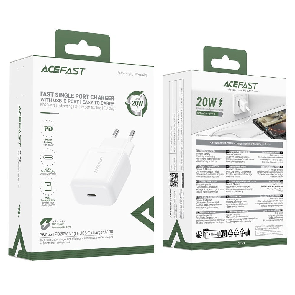 Φορτιστής Ταξιδίου Acefast A130 Fast Charging USB-C PD20W 3.0A Λευκός