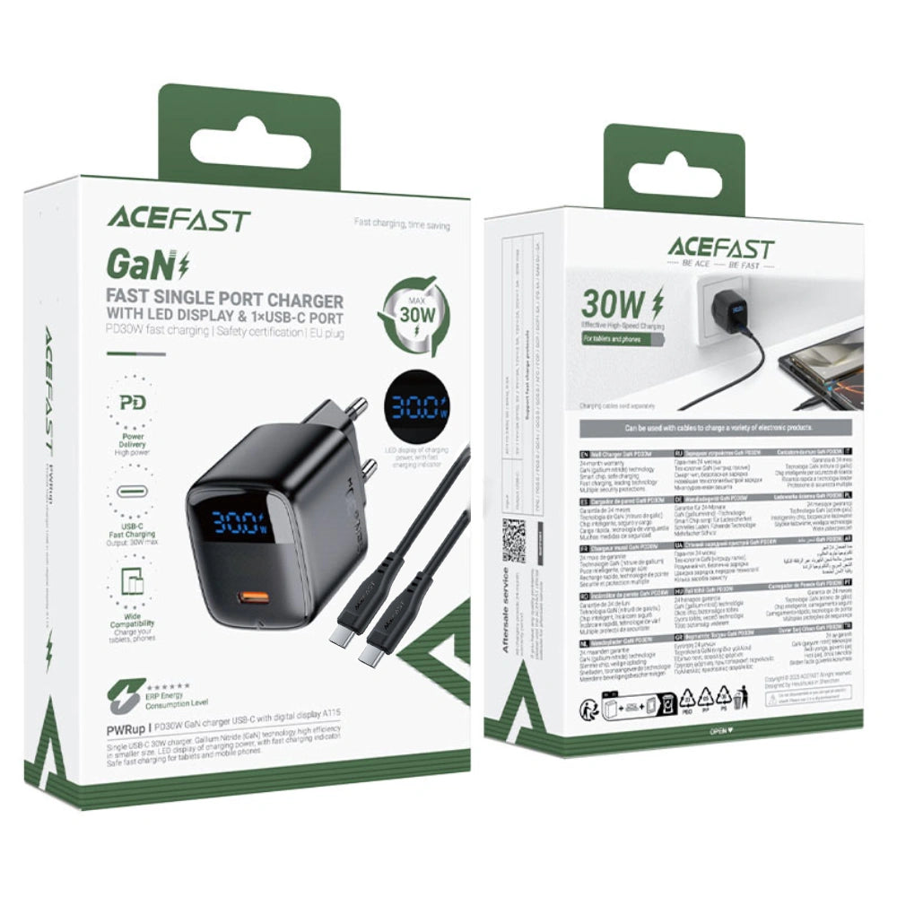 Φορτιστής Ταξιδίου Acefast A115 Fast Charging USB-C PD30W 3.0A GaN με LED Ένδειξη Φόρτισης + Καλώδιο USB-C σε USB-C Μαύρος