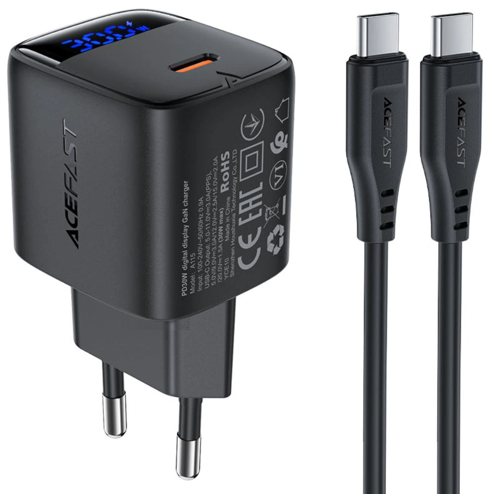Φορτιστής Ταξιδίου Acefast A115 Fast Charging USB-C PD30W 3.0A GaN με LED Ένδειξη Φόρτισης + Καλώδιο USB-C σε USB-C Μαύρος