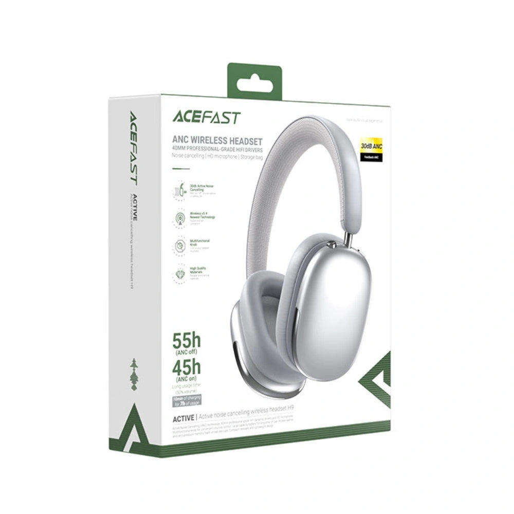 Wireless Ακουστικά Stereo Acefast H9 500mAh v5.4 30dB ANC με Μικρόφωνο και Πλήκτρο Λειτουργιών Ασημί
