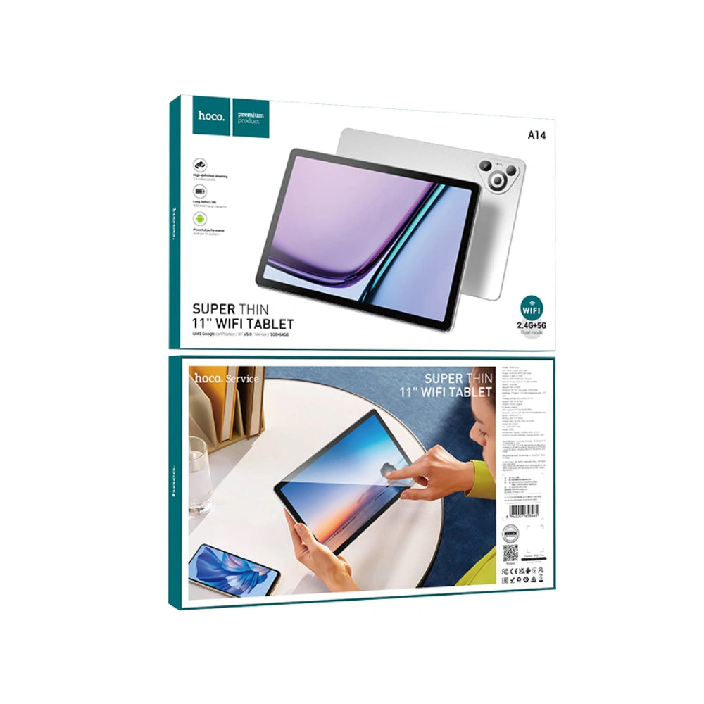 Tablet Hoco. A14 Ultra-thin 11" WiFi 3GB + 3GB/64GB MicroSD Android 14 5000mAh Ασημί με Screen Protector και Θήκη Book