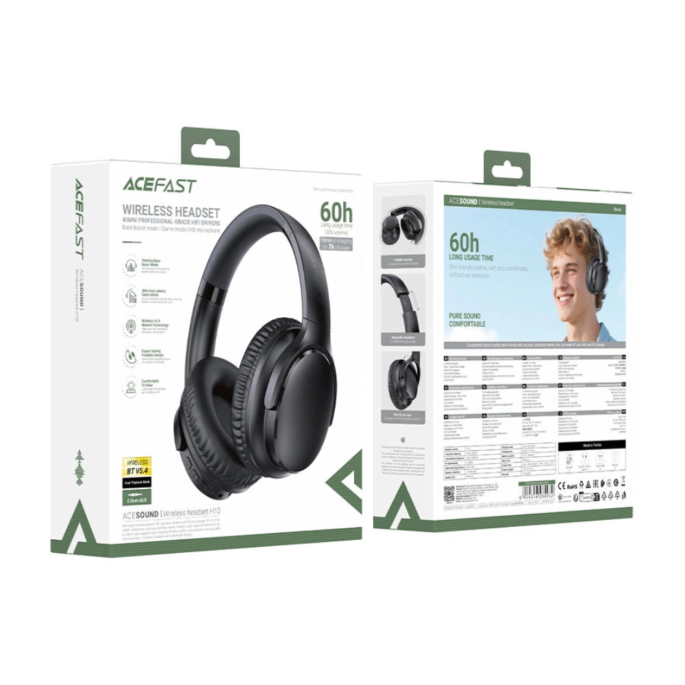 Wireless Ακουστικά Stereo Acefast H10 500mAh v5.4 Hi-Fi με Μικρόφωνο AUX USB-C 60ώρες Λειτουργία Μαύρα