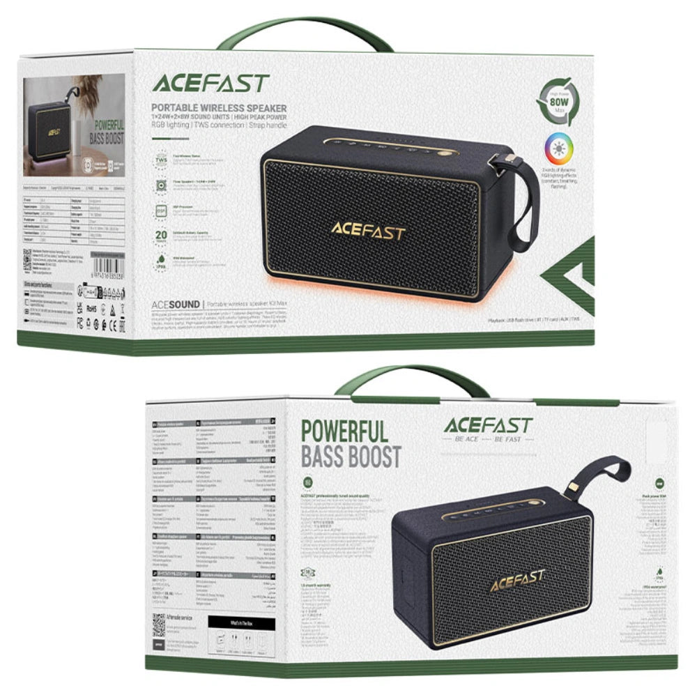 Φορητό Ηχείο Wireless Acefast K3 Max v5.4 TWS 80W 5000mAh με Μικρόφωνο USB AUX TF και RGB Φωτισμό IPX6 Μαύρο