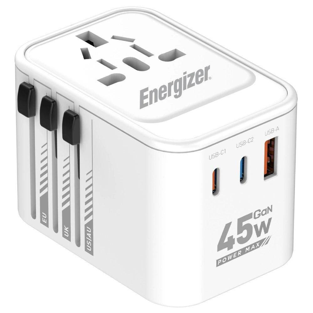 Παγκόσμιος Φορτιστής Ταξιδίου Energizer ETC450 US/AU UK EU με 1xUSB-A 30W και 2xUSB-C 45W/12W GaN Λευκός