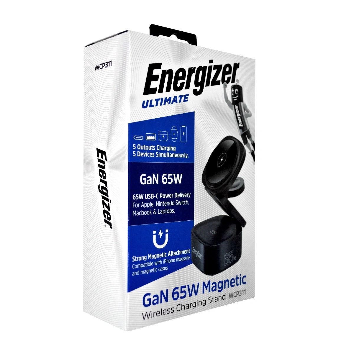 Επιτραπέζιος Φορτιστής 5 σε 1 Energizer WCP311 65W με 1xUSB-C 65W 1xUSB-A 18W και Ασύρματη Φόρτιση 15W Μάυρος