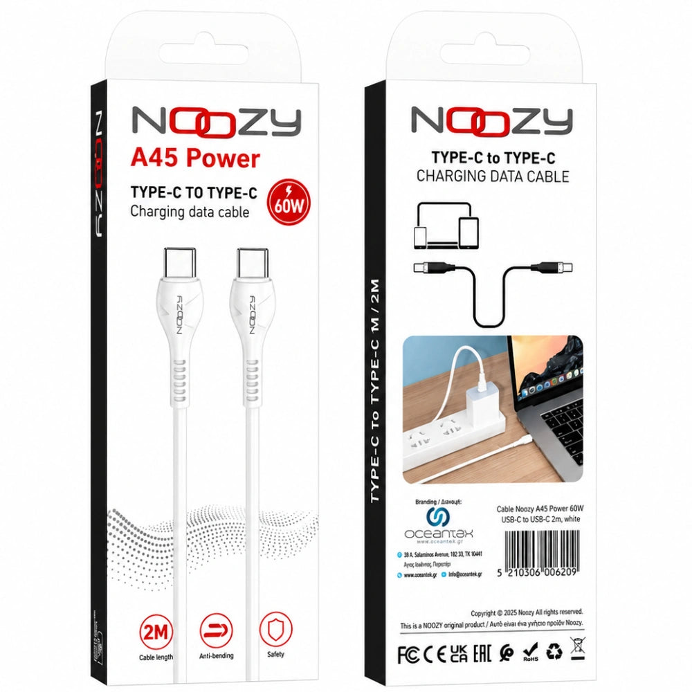 Καλώδιο Σύνδεσης και Φόρτισης Noozy A45 Power USB-C σε USB-C Fast Charging 60W+Apple PD27 Λευκό 1m
