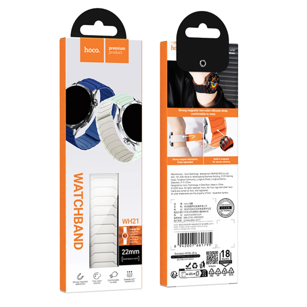 Watchband Hoco WH21 Flexible Silicon Μαγνητικό για Samsung Huawei Xiaomi Vivo OPPO κα 22mm Universal Λευκό με Πορτοκαλί