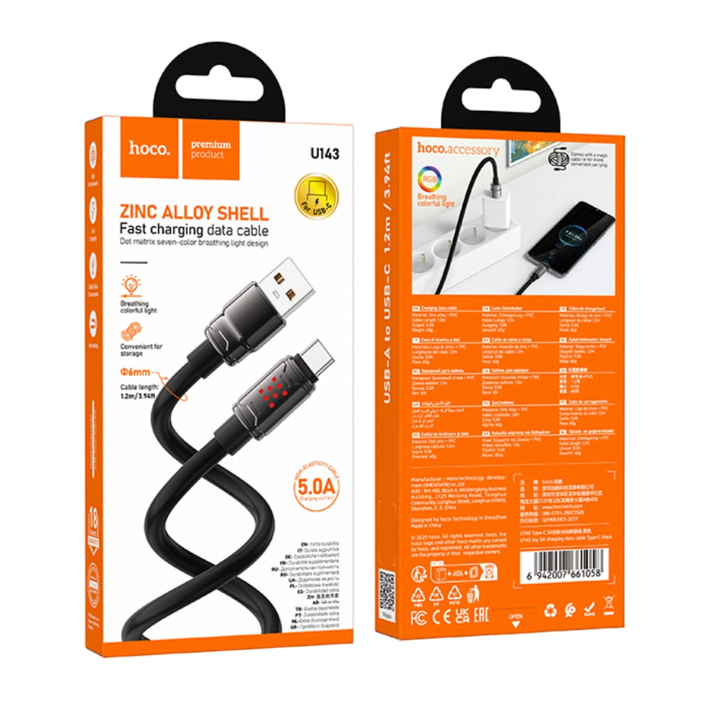 Καλώδιο Hoco U143 Joy USB-A σε USB-C Fast Charging 5A με Zinc Alloy Κονέκτορες RGB Φωτισμό και Ενισχυμένο PVC Anti-bend Καλώδιο Μαύρο 1.2m