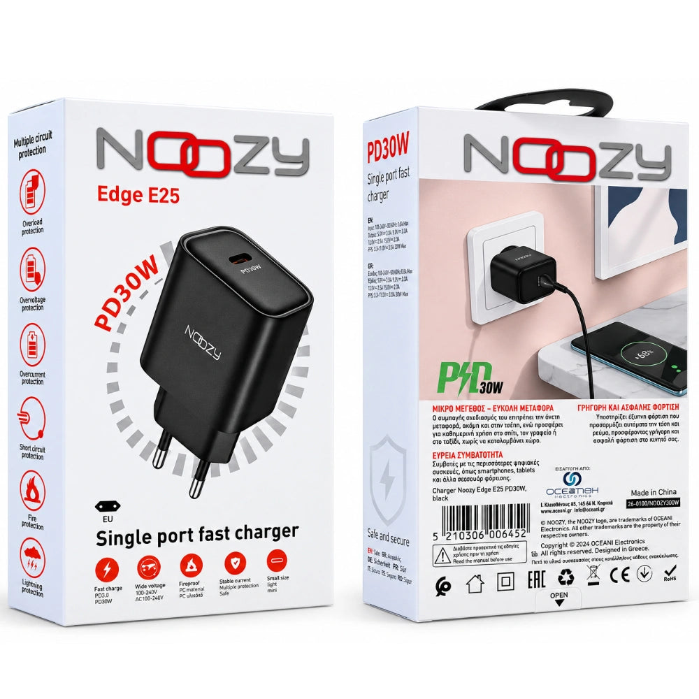 Φορτιστής Ταξιδίου Noozy Edge E25 1xUSB-C PD30W Μαύρος