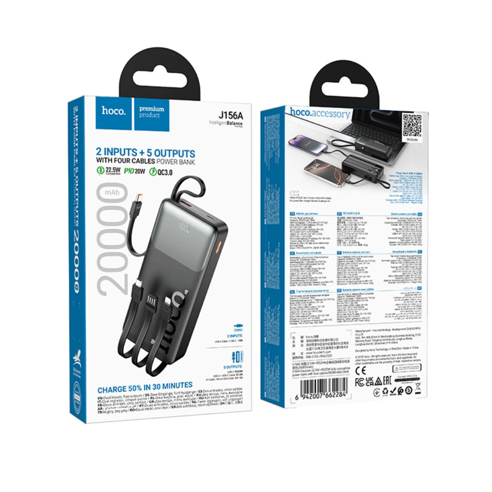 Power Bank Hoco J156A Founder 20000mAh PD20W QC με Θύρες USB+USB-C Ενσωματωμένα Καλώδια USB-C USB Lighting Micro LED Ένδειξη Μπαταρίας Μαύρο