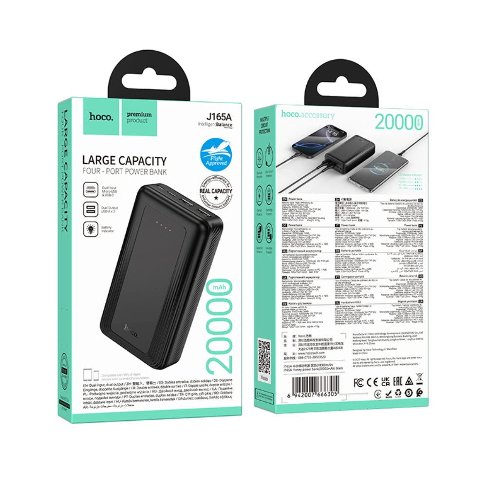 Power Bank Hoco J165A 20000mAh 2xUSB-A 1xUSB-C 1xMicro USB 5V/2A και LED Ένδειξη Μπαταρίας με Πιστοποιητικό CCC Μαύρο