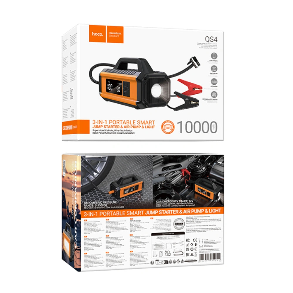 Hoco QS4 Smart Air Pump 3.8 bar Πίεση Αέρα με 5 Τρόπους Λειτουργίας και Εκκινητής Μπαταρίας 10000mAh 38.5Wh με Led Ένδειξη και Φακό Μαύρο