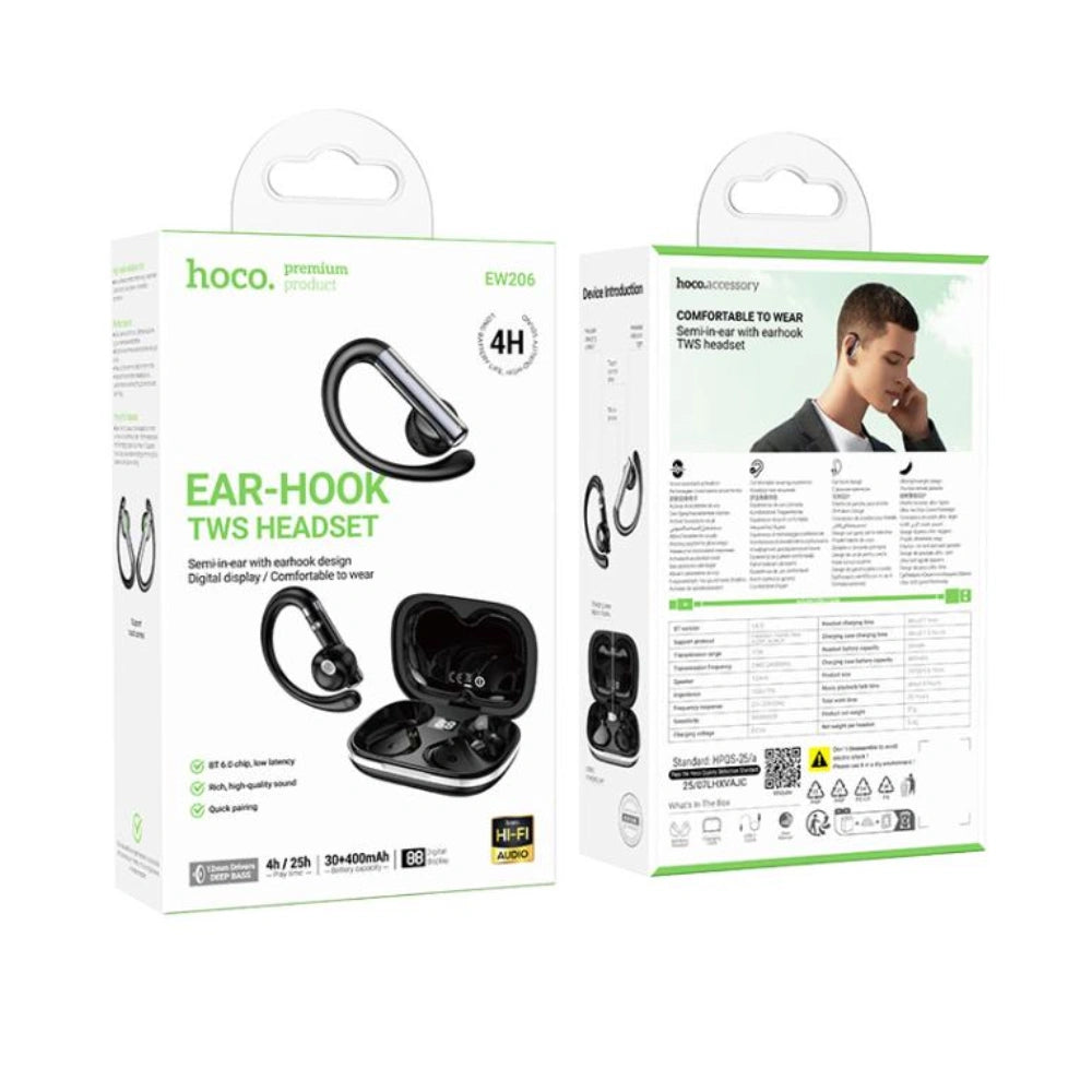 Wireless Hands Free Hoco EW206 Mist TWS v6.0 400mAh 4  Ώρες Ομιλίας Τεχνολογία True Bass και Θήκη Φόρτισης με LED Ένδειξη Μπαταρίας Μαύρα