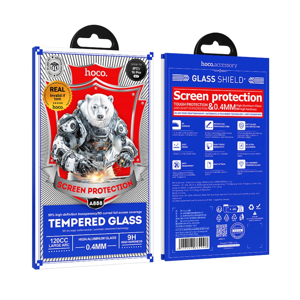 Tempered Glass Hoco Bear Shield A888 HD 4H 0.4mm Large Arc για Apple iPhone 17 16 Pro