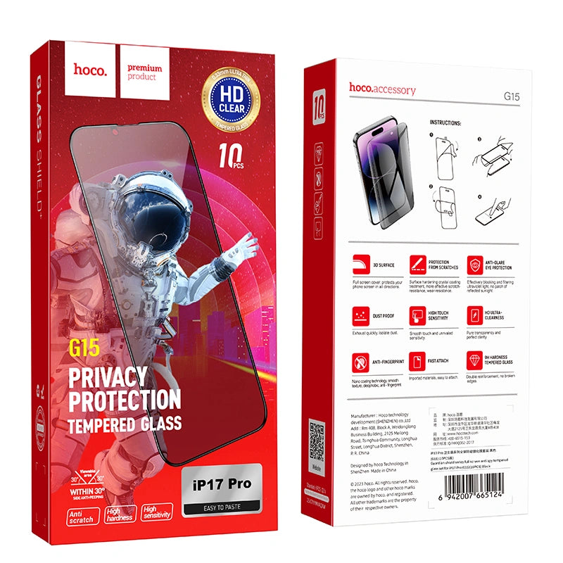 Tempered Glass Hoco Spy G15 Full Screen Privacy 0.33mm για Apple iPhone 17 Pro Σετ 10 τεμ.
