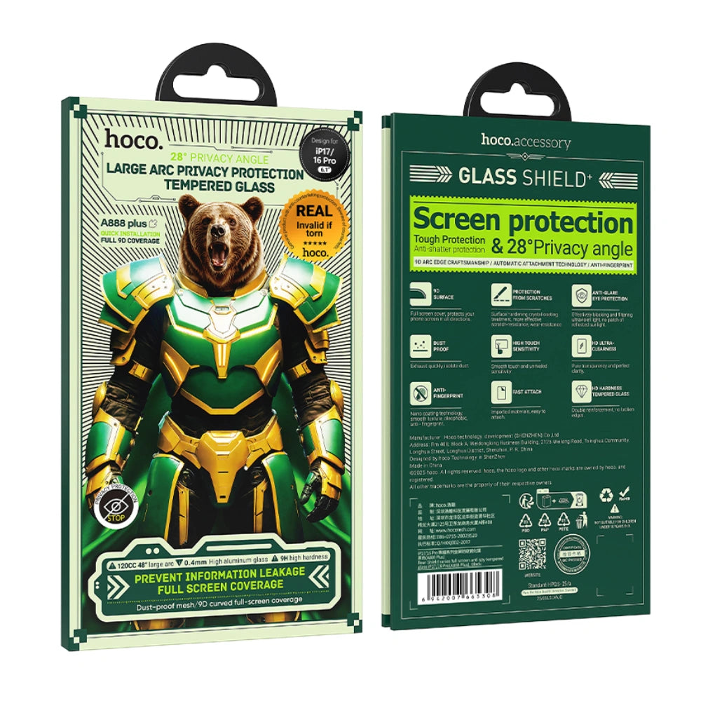 Tempered Glass Hoco Bear Shield A888 HD 4H 0.4mm Large Arc 28 Μοίρες Privacy Protection για Apple iPhone 17 16 Pro