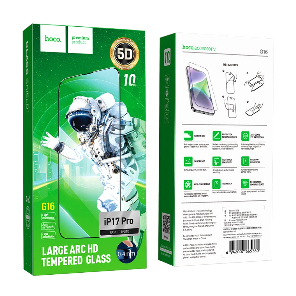 Tempered Glass Hoco Guardian Shield Series G16 Full Screen HD 5D Large Arc 0.4mm για Apple iPhone 17 Pro Σετ 10 τεμ.