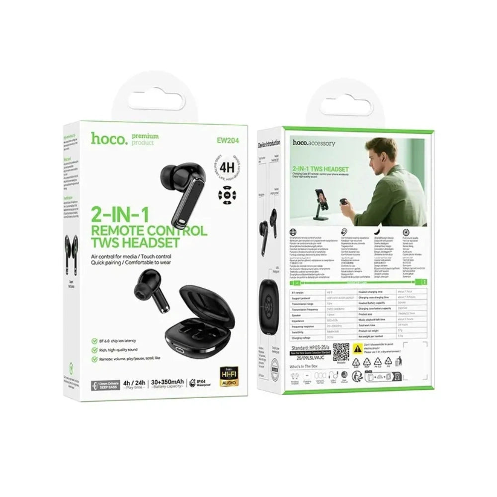Wireless Hands Free Hoco EW204 Verso TWS v6 350mAh με 4 Ώρες Λειτουργίας και Κουμπιά για Έλεγχο Μουσικής στη Θήκη Φόρτισης Μαύρα